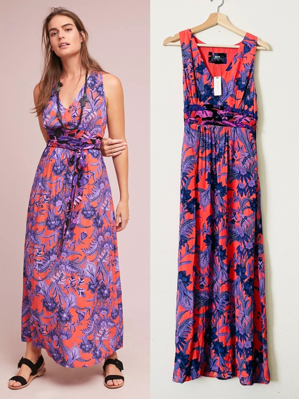 NWT Anthropologie Maeve SIZE 4 Macie red purple floral maxi dress with tie belt